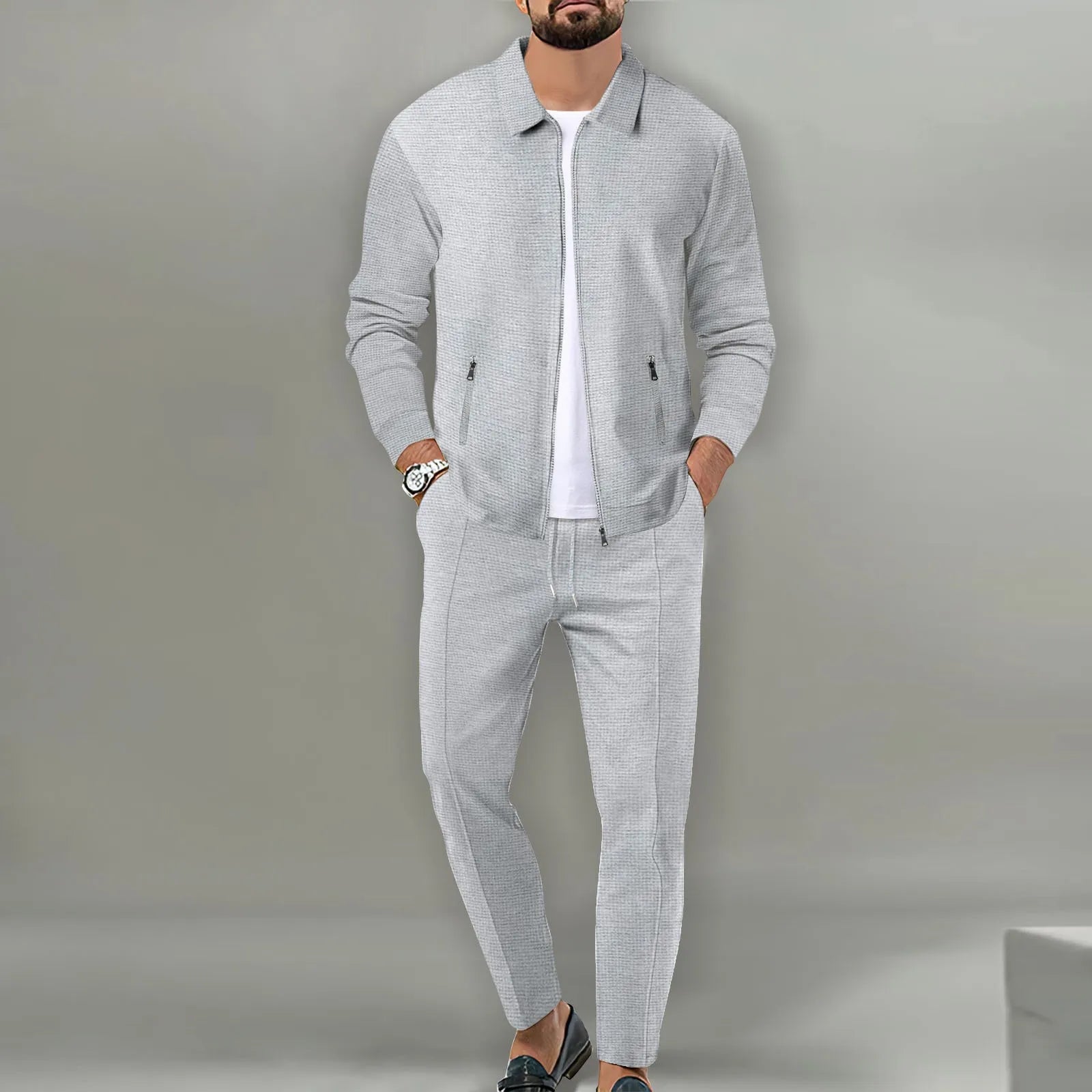 The new spring-autumn men's suit featuring a stylish waffle jacket and plain-colored trousers makes for a great casual outfit.