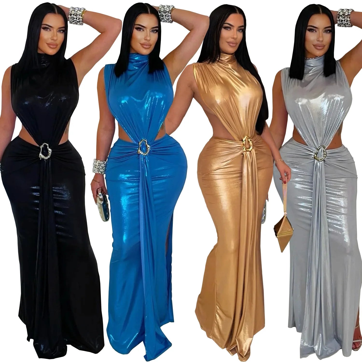 Women Evening Party Wear European American Fashion Elegant Turtleneck Bodycon Dress Slim Formal Stylish Long Gown