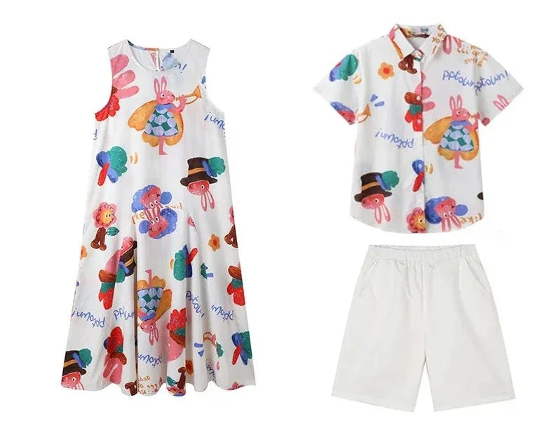 Couple Look Family Matching Outfits Parent-child Clothes Mother Daughter Sleeveless Dress Father Vacation Area Son Beach Shirts
