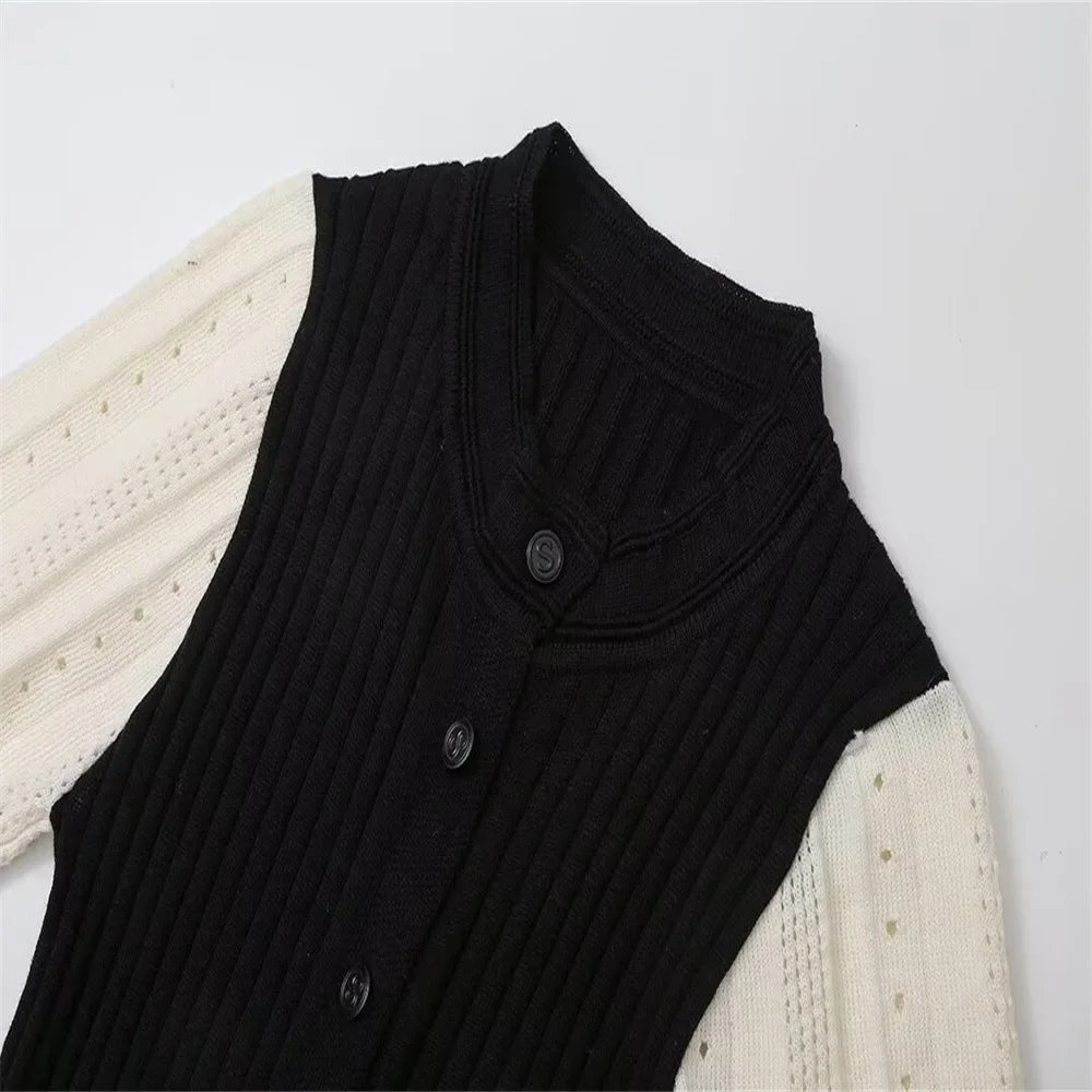 Women Elegant Knitted Long Dress Casual O Neck Solid Short Sleeved Button High Waist Split Dresses New Female Fashion Gown