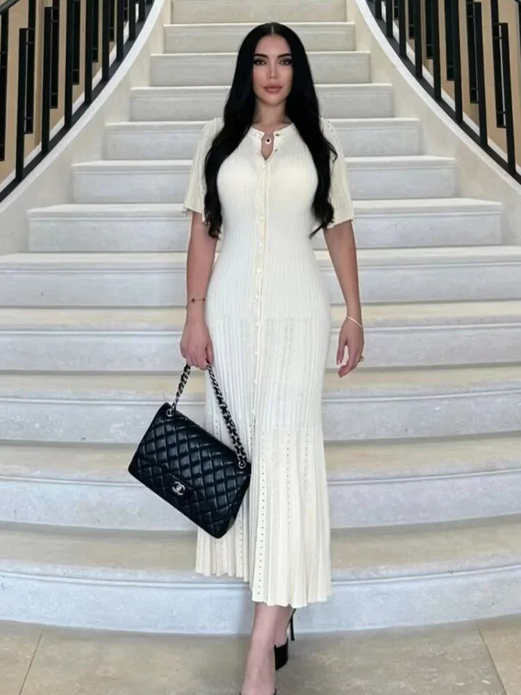 Women Elegant Knitted Long Dress Casual O Neck Solid Short Sleeved Button High Waist Split Dresses New Female Fashion Gown