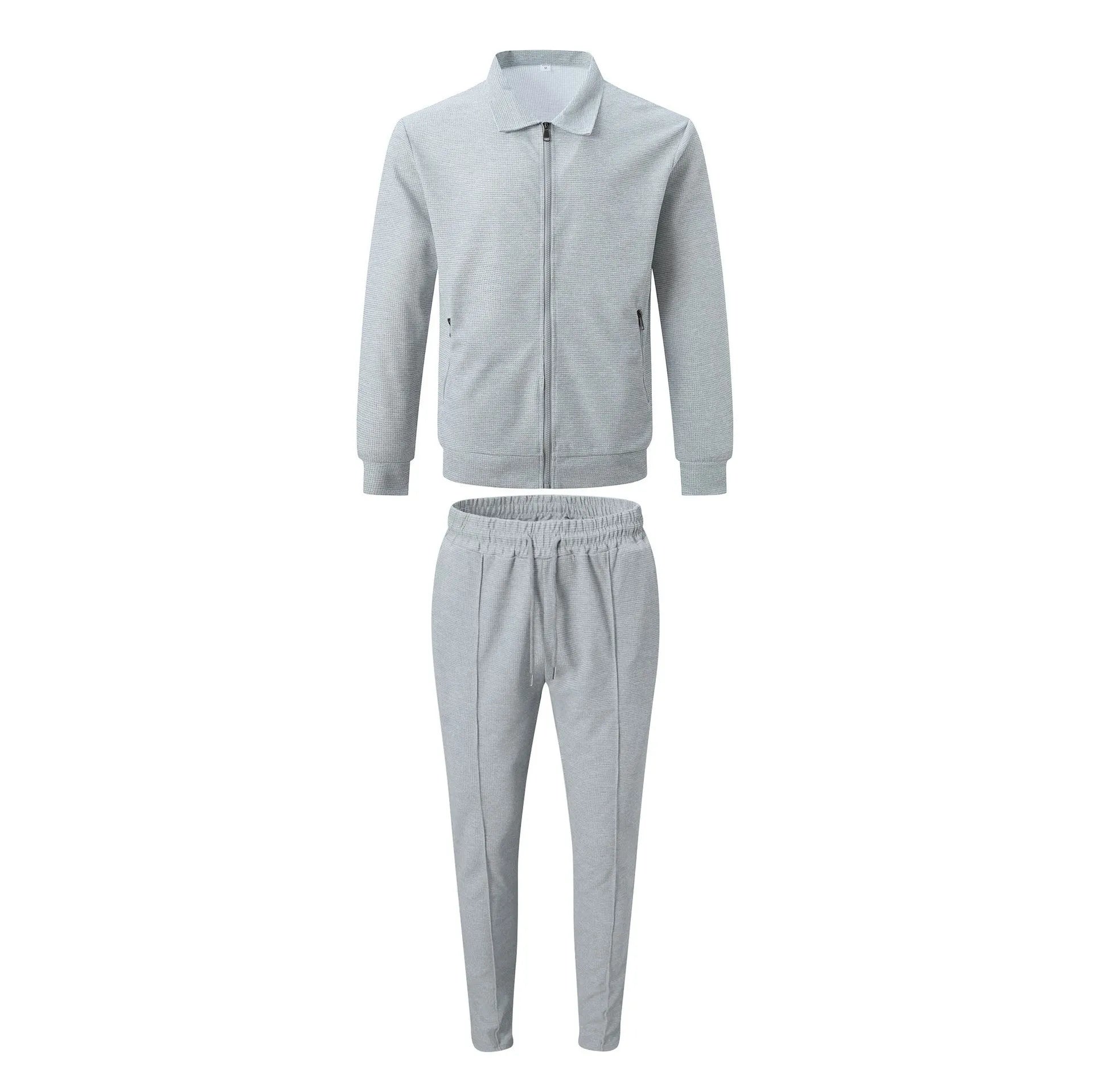 The new spring-autumn men's suit featuring a stylish waffle jacket and plain-colored trousers makes for a great casual outfit.