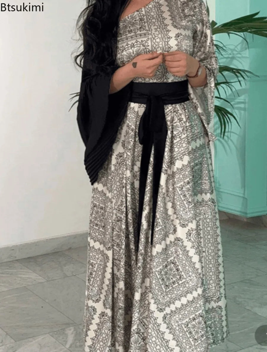 2026 New Women's Fashion Evening Dresses Sexy Printed Pleated Belt Splicing Party Gown Elegant and Noble Maxi Dresses for Women