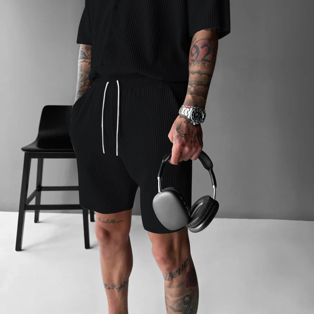 casual style corduroy suit men solid color short sleeved button up shirt loose fashion high-quality shorts handsome sports suit