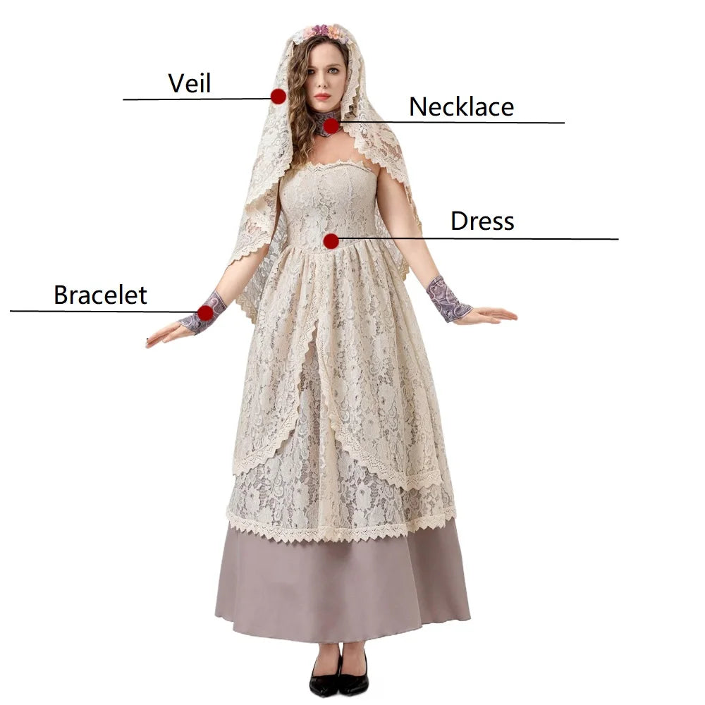 Women Vintage Wedding Gown Cosplay Retro Medieval Renaissance Victorian Dress Halloween Costume Female