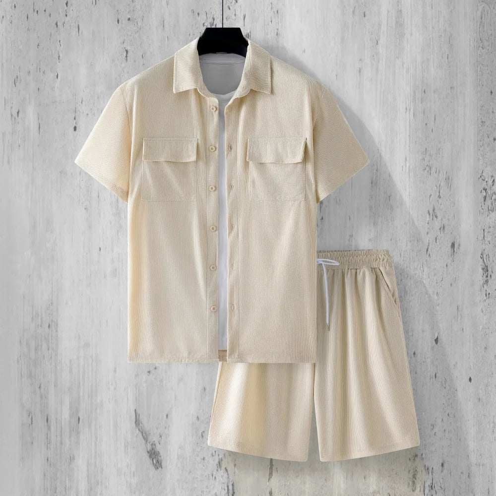 casual style corduroy suit men solid color short sleeved button up shirt loose fashion high-quality shorts handsome sports suit