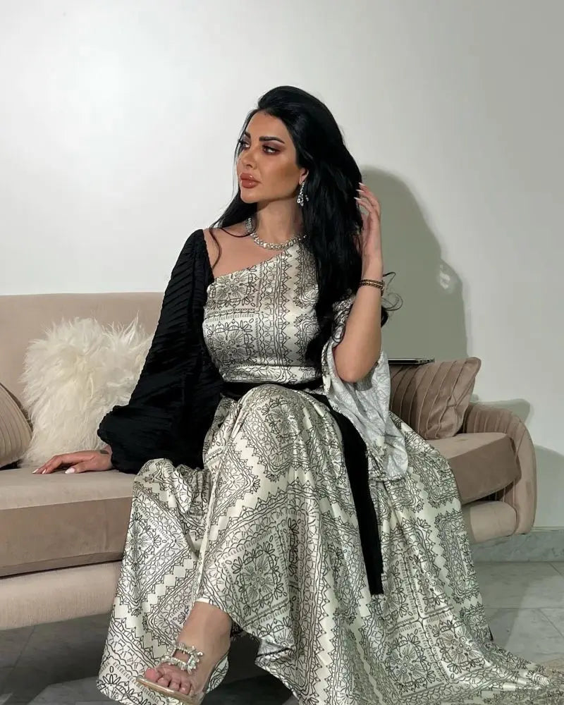 2026 New Women's Fashion Evening Dresses Sexy Printed Pleated Belt Splicing Party Gown Elegant and Noble Maxi Dresses for Women