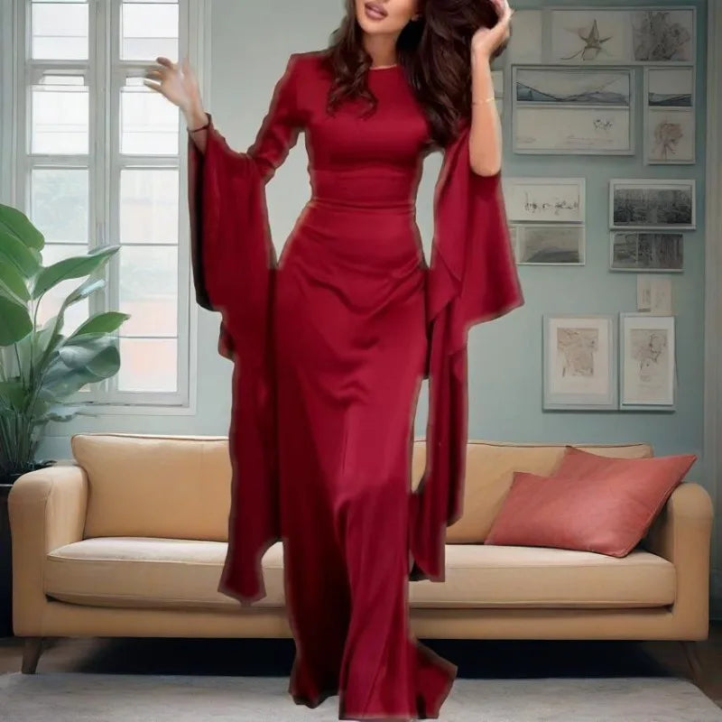 Evening Gown Dress Women's Sexy Slim Fit Solid Color Round Neck Flared Sleeves Elegant Style Summer New Item
