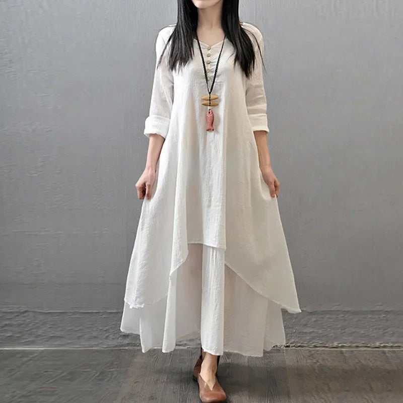 Women's Dress Long Dress Fashion Fake Two Pieces Loose Long Sleeve Art Big Swing Cotton Hemp Bohemian Cotton Vintage Women Dress