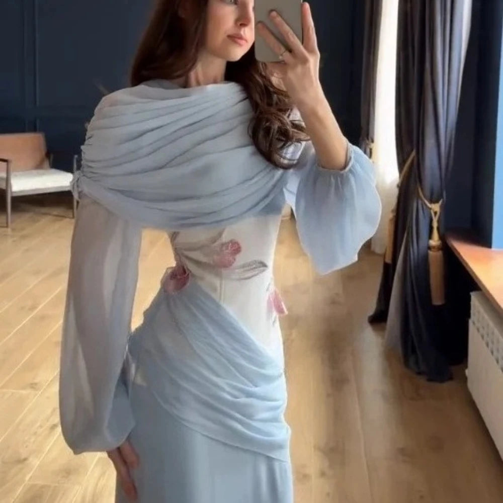 Women Blue Fashion Evening Gown Customized High Neck Long Sleeves Floral Chiffon Mermaid Party Dress Floor Length Prom Dress