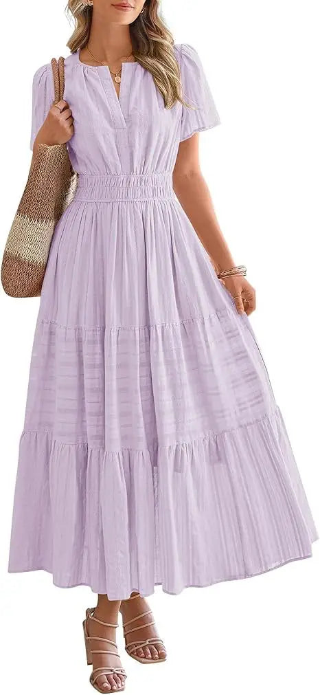 2026 New Dresses Women V Neck Ruched Puff Sleeve Dress Short Sleeve A-Line Flowy Dress Casual Summer Dropshipping