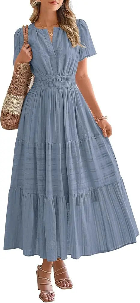 2026 New Dresses Women V Neck Ruched Puff Sleeve Dress Short Sleeve A-Line Flowy Dress Casual Summer Dropshipping