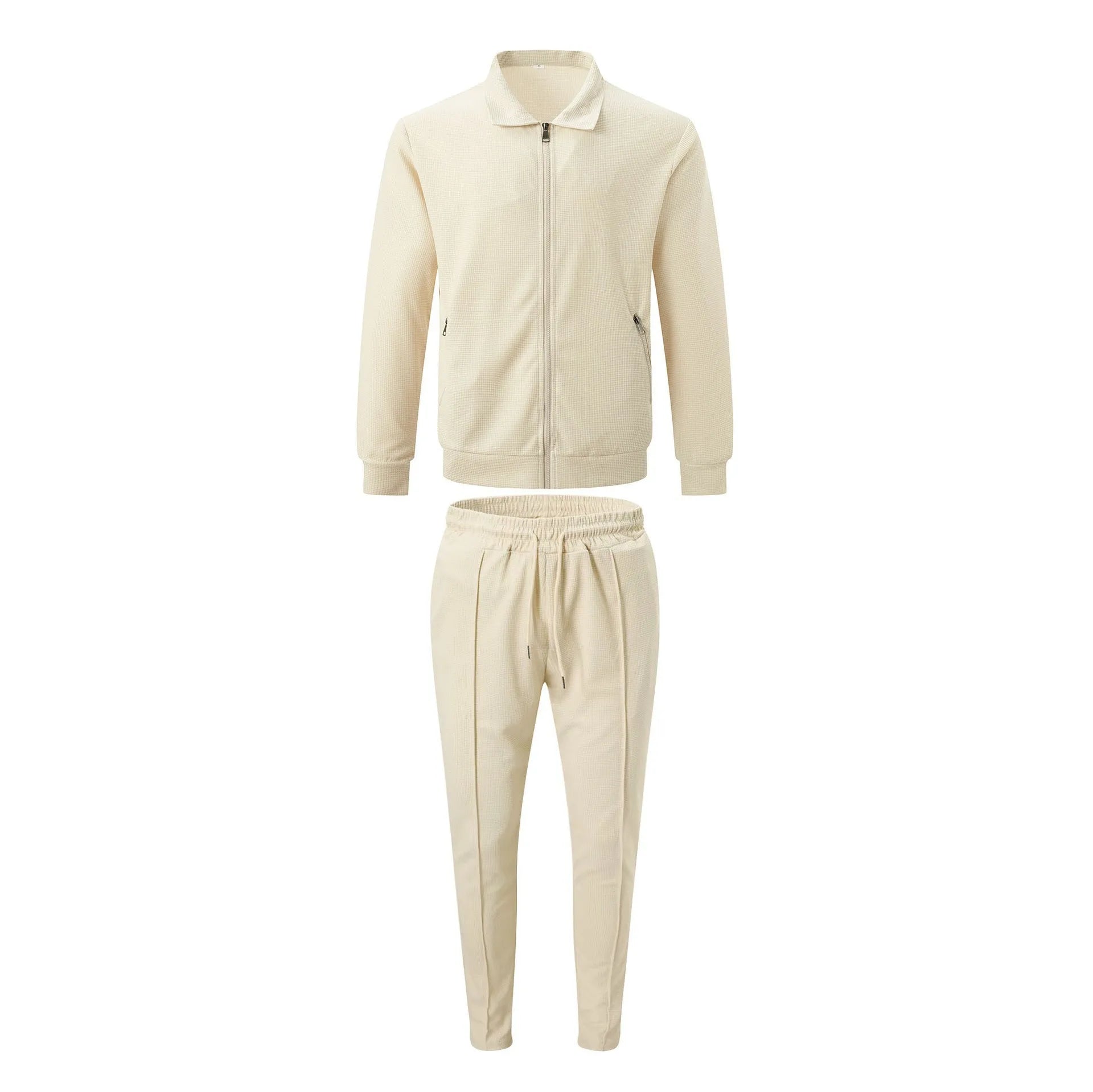 The new spring-autumn men's suit featuring a stylish waffle jacket and plain-colored trousers makes for a great casual outfit.