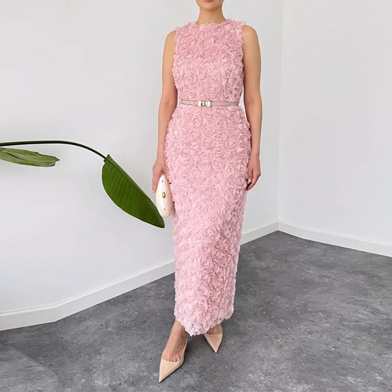 Fashion Hight Waist Solid Gowns Dress Flowers Decoration Ruffled Long Dress Women Elegant O-neck Sleeveless Slim Fit Party Dress