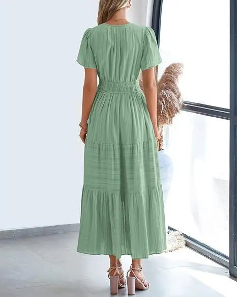 2026 New Dresses Women V Neck Ruched Puff Sleeve Dress Short Sleeve A-Line Flowy Dress Casual Summer Dropshipping