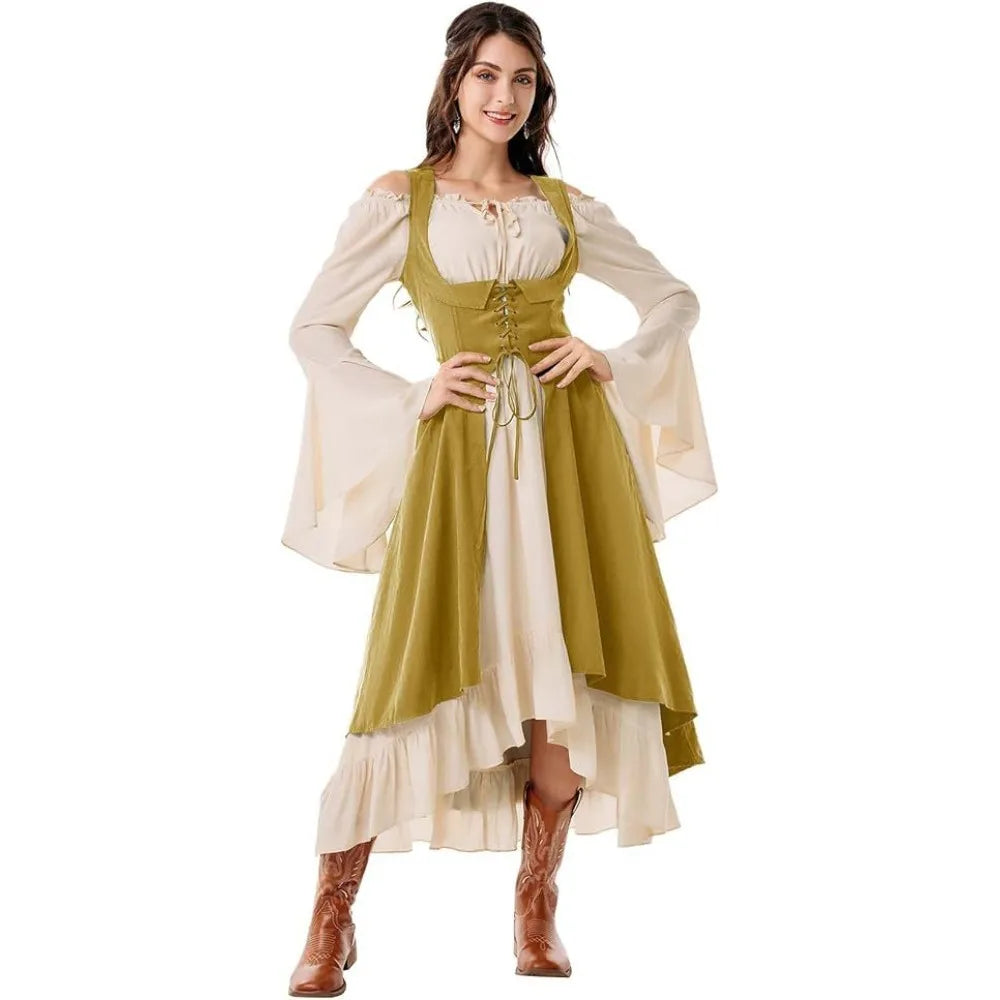 Women's Renaissance Dress with Underbust Corset - High Low Hem Medieval Gown for Cosplay, Festival and Themed Party