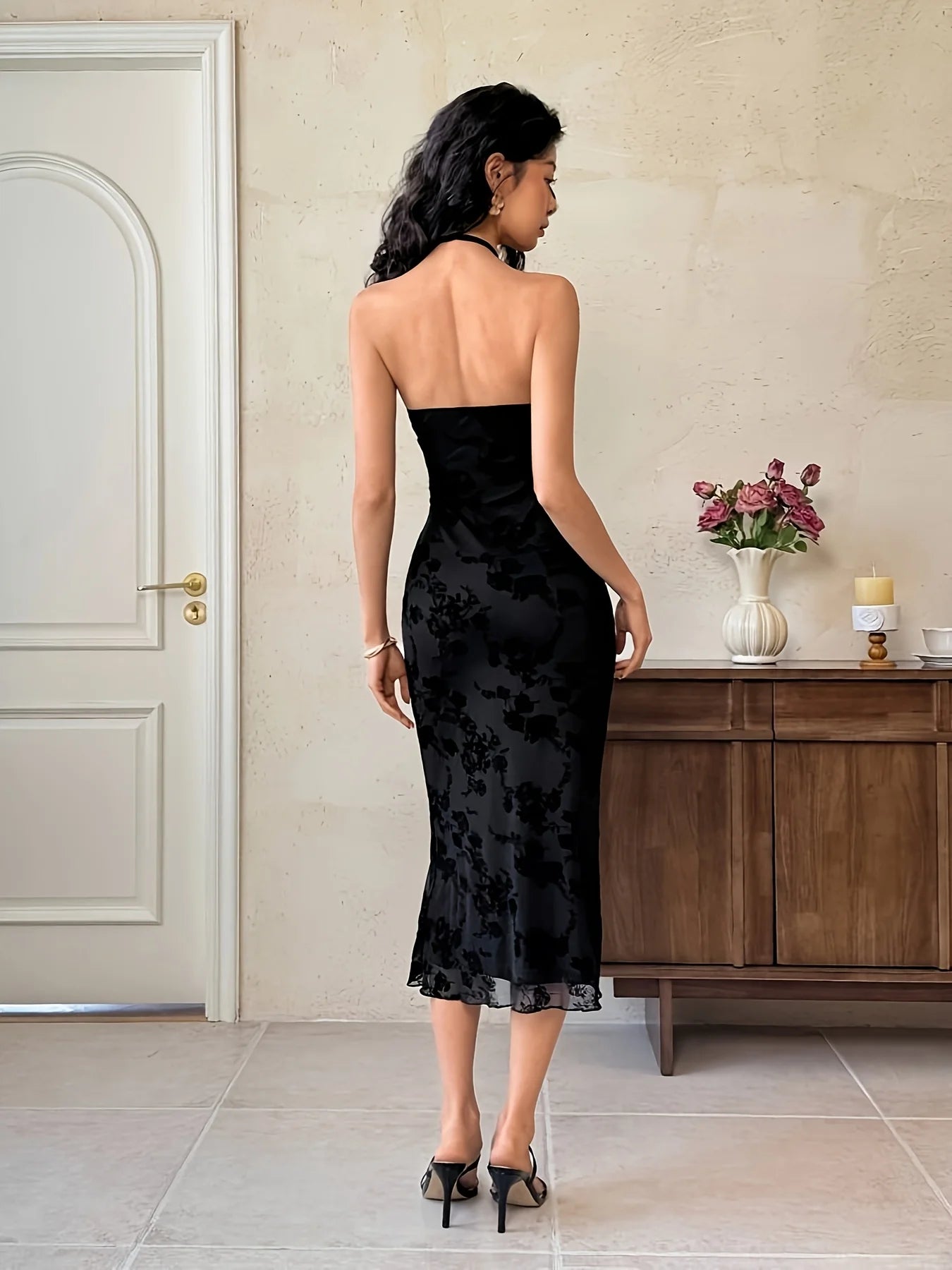 Elegant Floral Embellished See-through Backless Mid-length Gown for Women Stylish Strapless Evening Dress