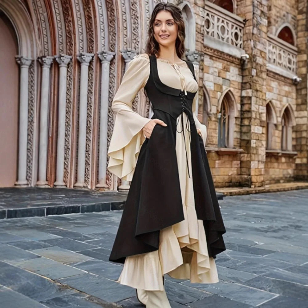 Women's Renaissance Dress with Underbust Corset - High Low Hem Medieval Gown for Cosplay, Festival and Themed Party