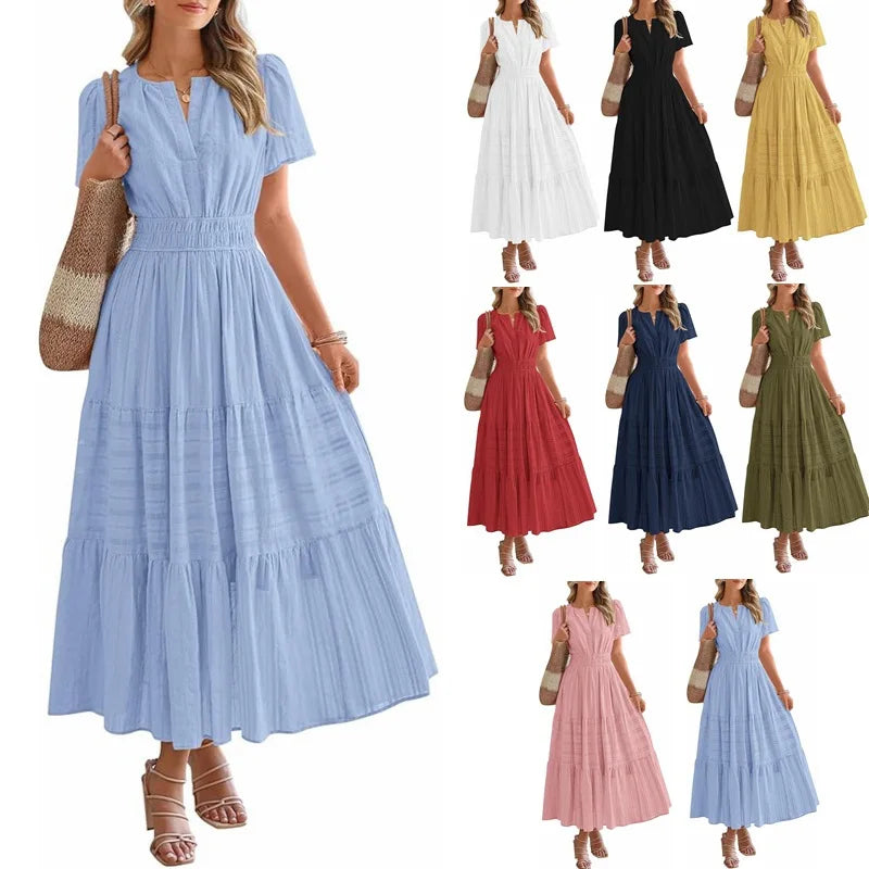 2026 New Dresses Women V Neck Ruched Puff Sleeve Dress Short Sleeve A-Line Flowy Dress Casual Summer Dropshipping
