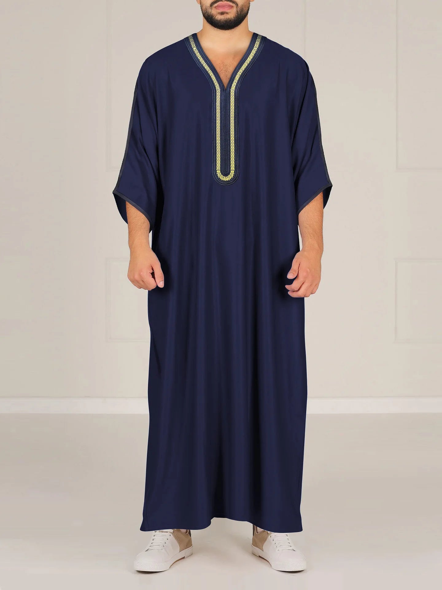 2026 Muslim Men Dress Solid Casual Robe V-neck Loose Kaftan Abayas Ethnic Style Embroidered Prayer Gown Arab Islamic Jubba Thobe