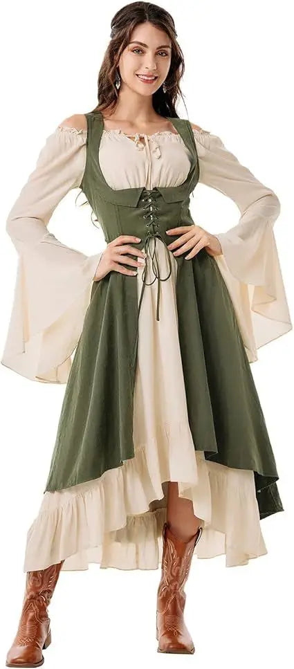 Women's Renaissance Dress with Underbust Corset - High Low Hem Medieval Gown for Cosplay, Festival and Themed Party