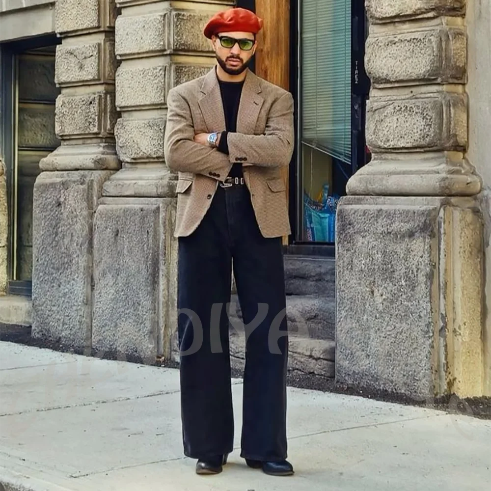 Casual Business Men's Two Piece Suit Set Khaki Blazer Black Pants Wide Leg Vintage Outfit Streetwear Daily Prom Party Fashion