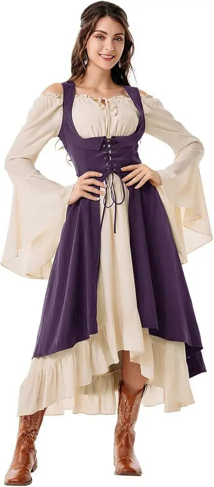 Women's Renaissance Dress with Underbust Corset - High Low Hem Medieval Gown for Cosplay, Festival and Themed Party