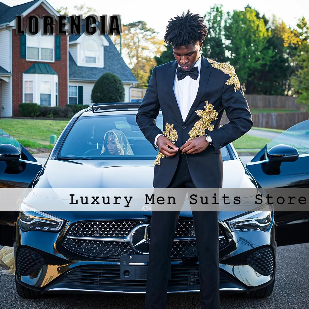 Casual Applique Male Suits 2 Pieces Single Breasted Tuxedos Wedding Groom Outfits Customized Blazer Pants robe mariage femme