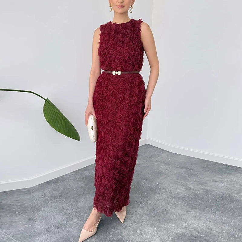 Fashion Hight Waist Solid Gowns Dress Flowers Decoration Ruffled Long Dress Women Elegant O-neck Sleeveless Slim Fit Party Dress