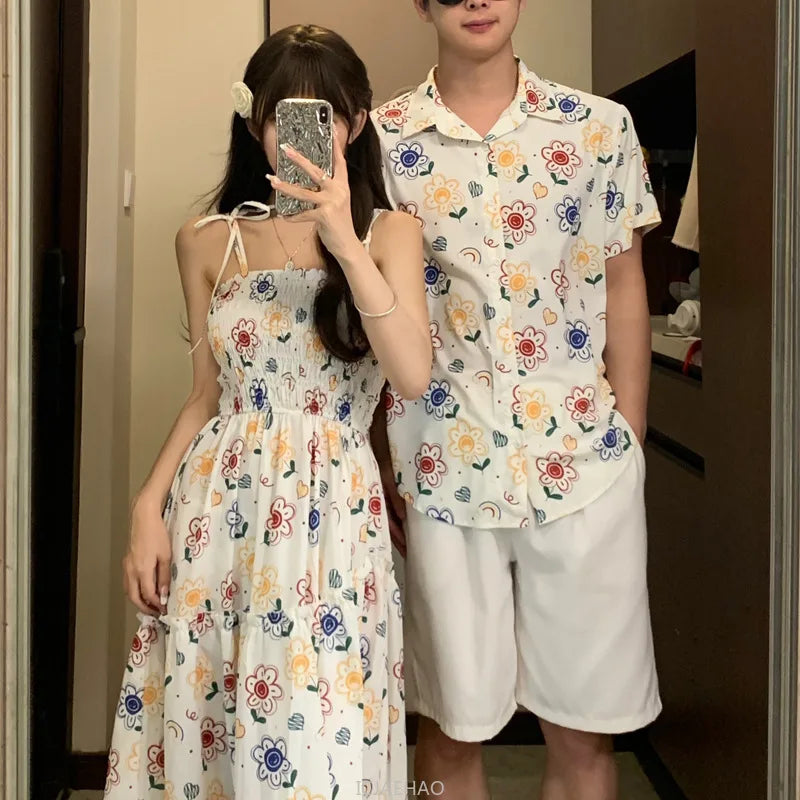 Parent-Child Family Holiday Outfits For Couple Brother Sister Dad Son Beach Shirts Mom Girl Floral Smocking Dress Korean Clothes