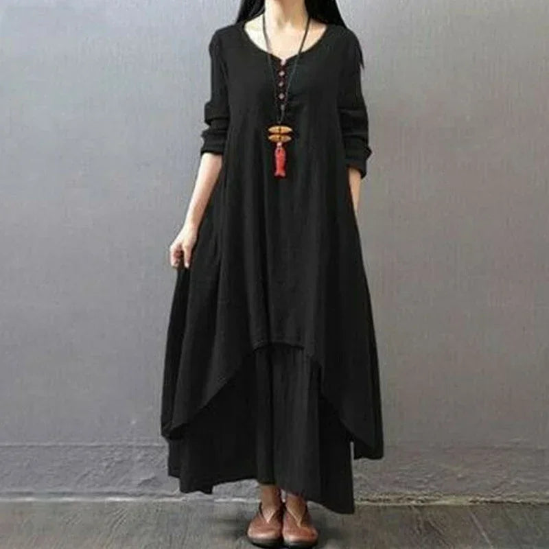 Women's Dress Long Dress Fashion Fake Two Pieces Loose Long Sleeve Art Big Swing Cotton Hemp Bohemian Cotton Vintage Women Dress