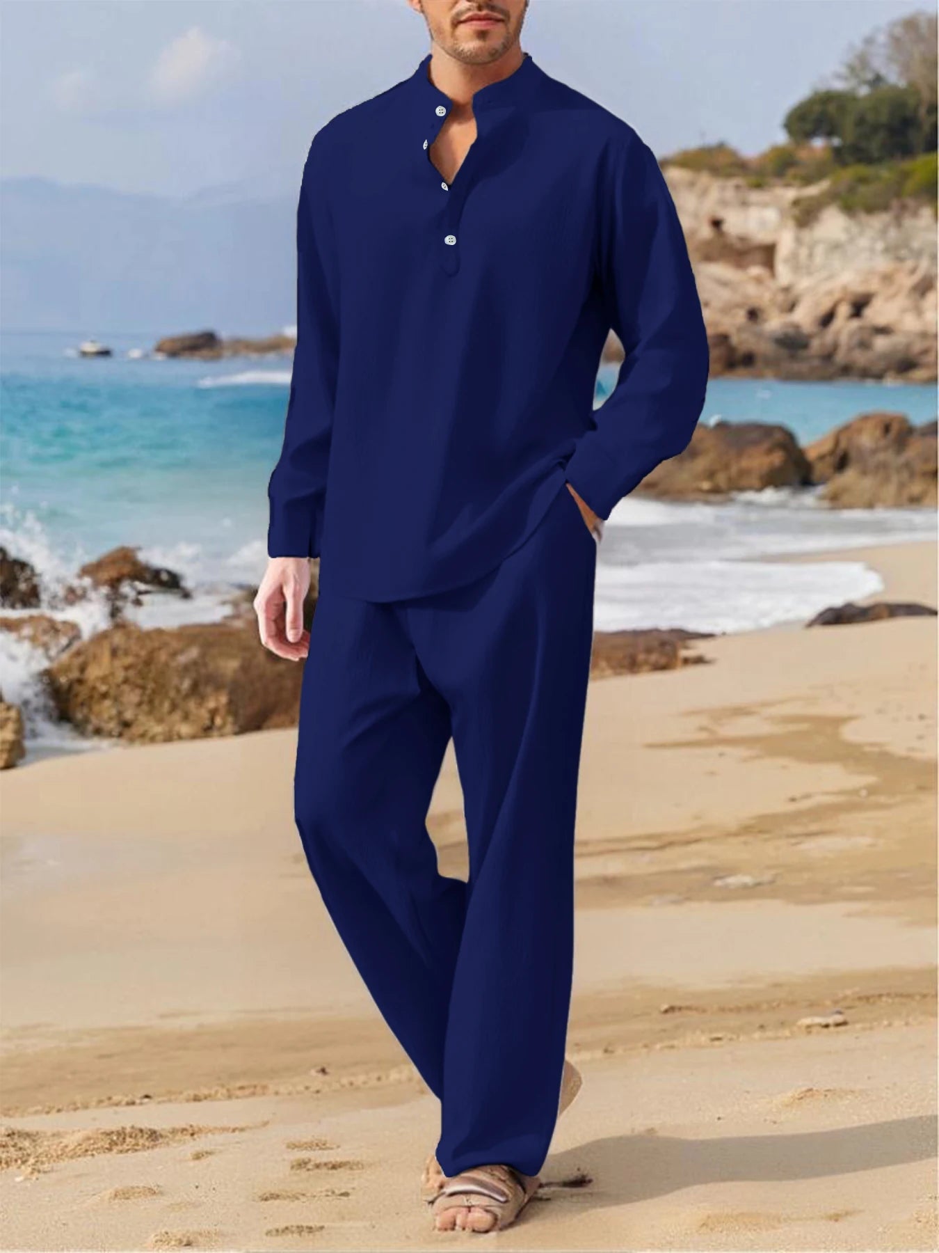 Men's Fall Casual Outfits Solid Color Henley Collar Long Sleeve Tops with Elastic Waist Pants Long Sleeve Pants Shirt Suit