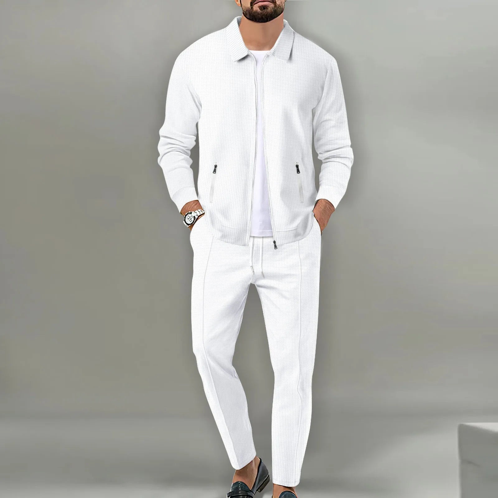 The new spring-autumn men's suit featuring a stylish waffle jacket and plain-colored trousers makes for a great casual outfit.