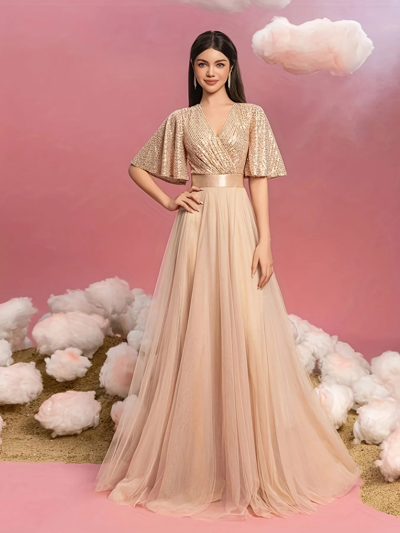 Elegant Women's Evening Gown with Flared Short Sleeves - Ideal for Parties & Wedding Events