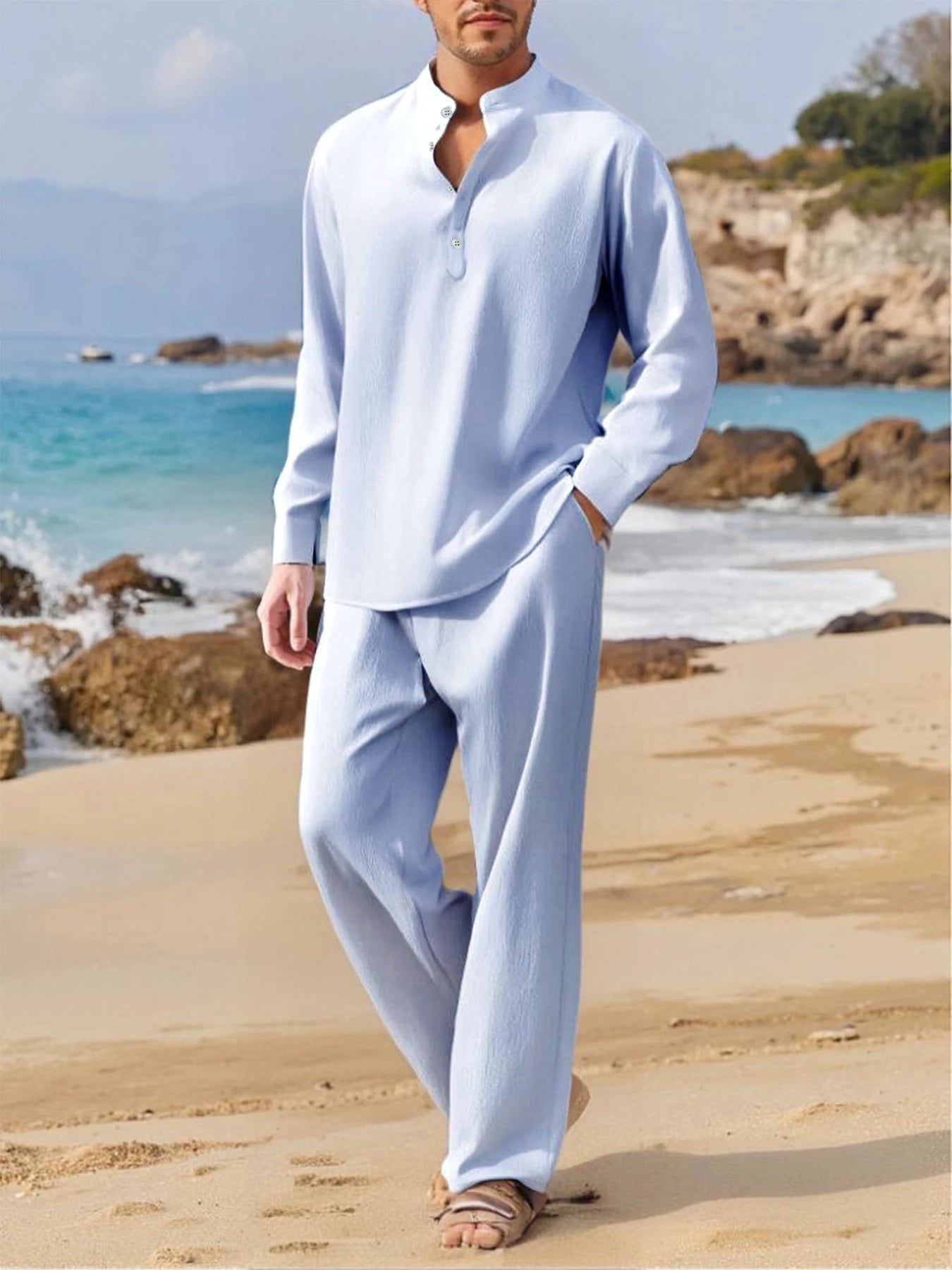 Men's Fall Casual Outfits Solid Color Henley Collar Long Sleeve Tops with Elastic Waist Pants Long Sleeve Pants Shirt Suit