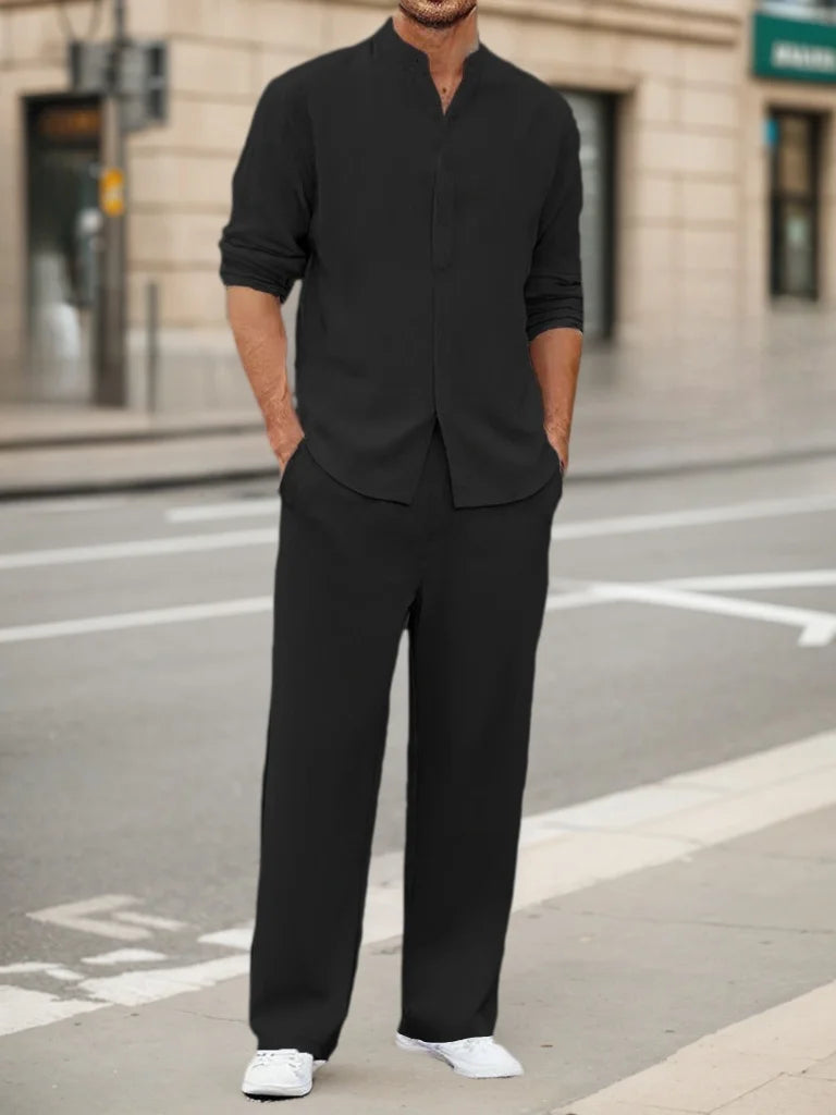 Men's Fall Casual Outfits Solid Color Henley Collar Long Sleeve Tops with Elastic Waist Pants Long Sleeve Pants Shirt Suit