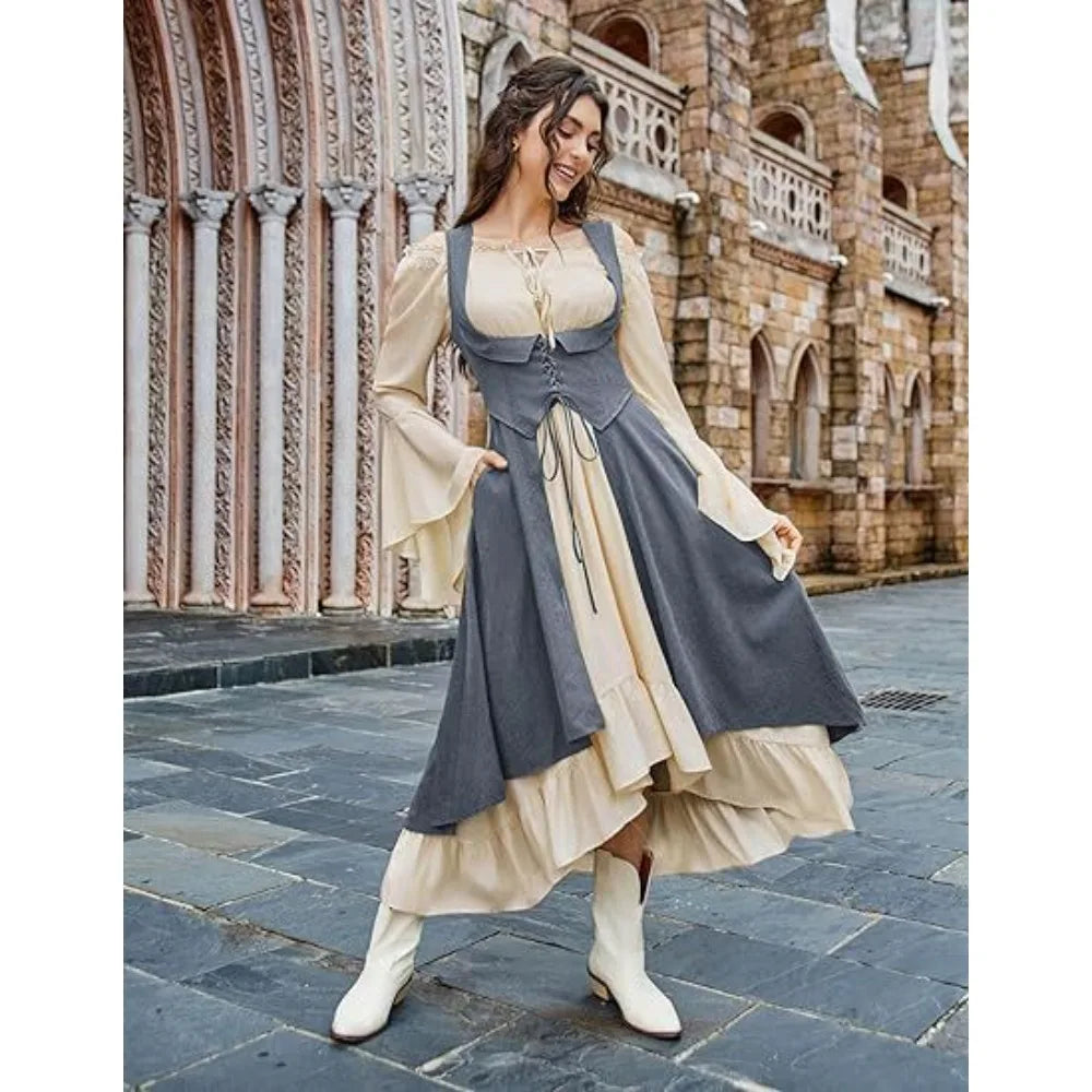 Women's Renaissance Dress with Underbust Corset - High Low Hem Medieval Gown for Cosplay, Festival and Themed Party