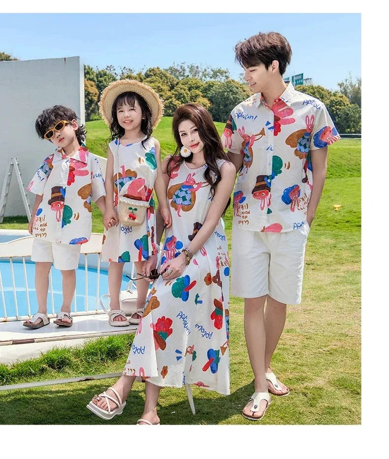 Couple Look Family Matching Outfits Parent-child Clothes Mother Daughter Sleeveless Dress Father Vacation Area Son Beach Shirts