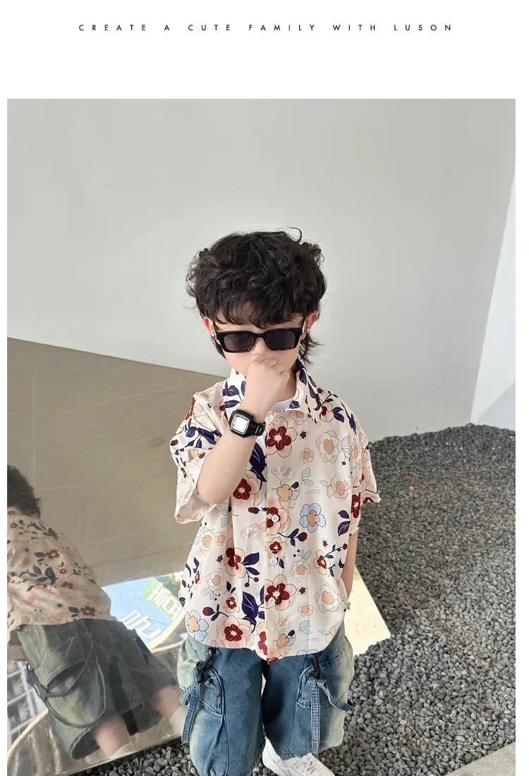 Parent-Child Family Holiday Outfits For Couple Brother Sister Dad Son Beach Shirts Mom Girl Floral Smocking Dress Korean Clothes