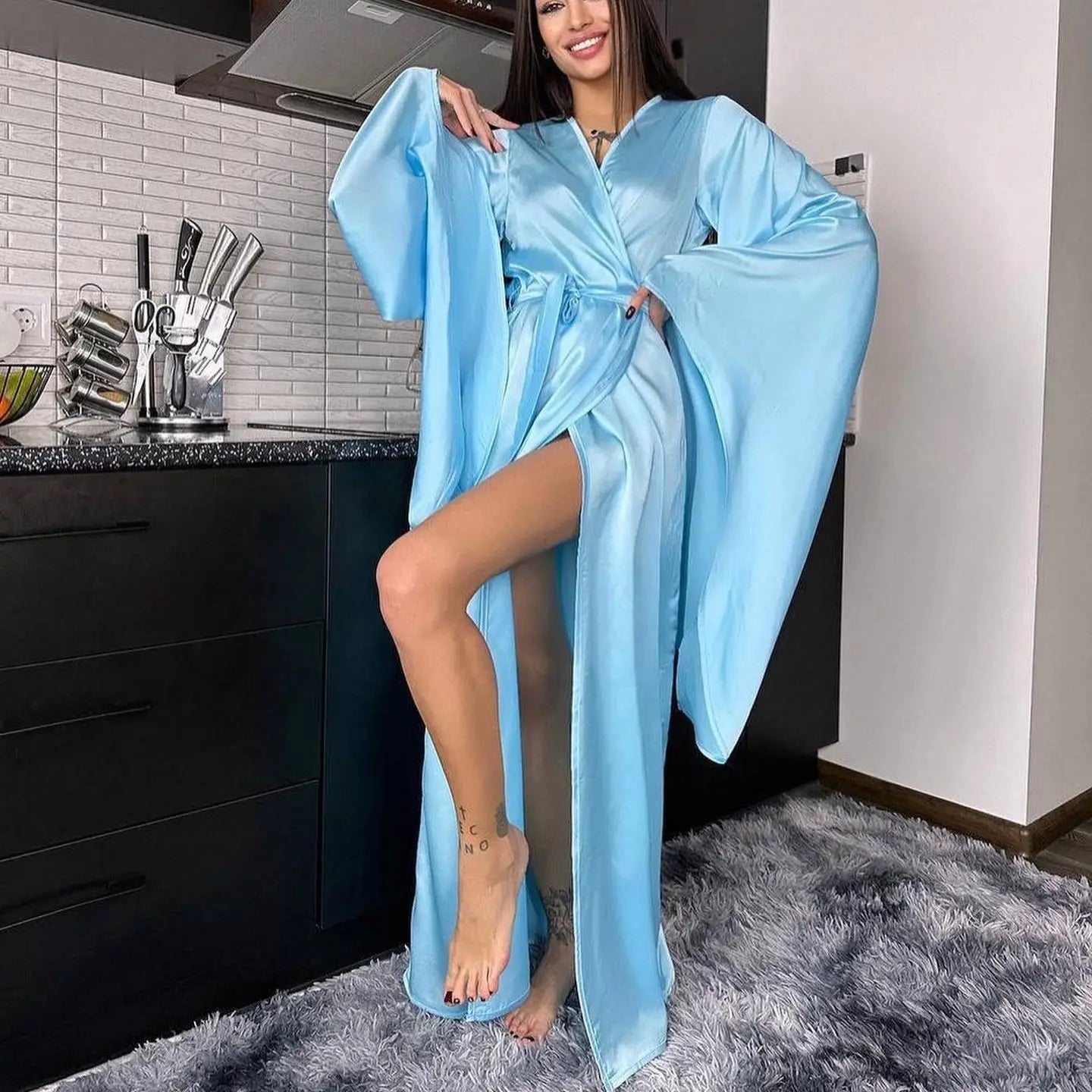 Fashion Elegant Women Long Robe Home Dress Sexy Ice Silk Kimono Bathrobe Gown Spring Summer Nightgown Loungewear Loose Homewear