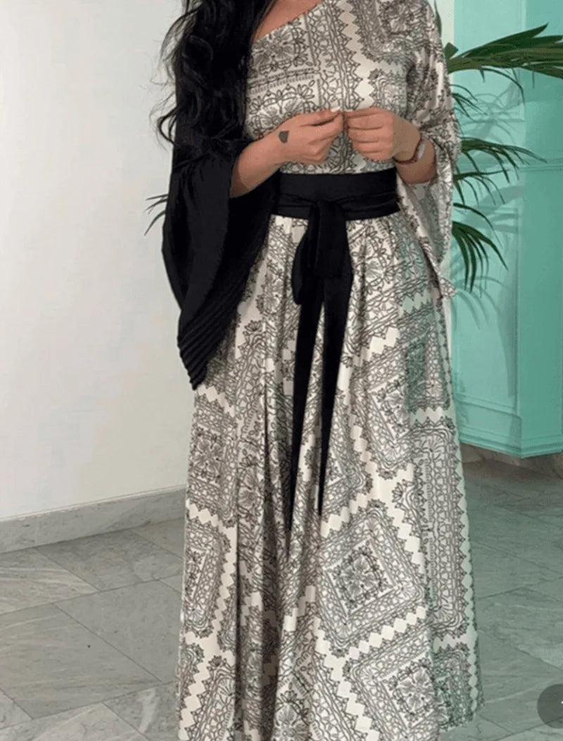 2026 New Women's Fashion Evening Dresses Sexy Printed Pleated Belt Splicing Party Gown Elegant and Noble Maxi Dresses for Women
