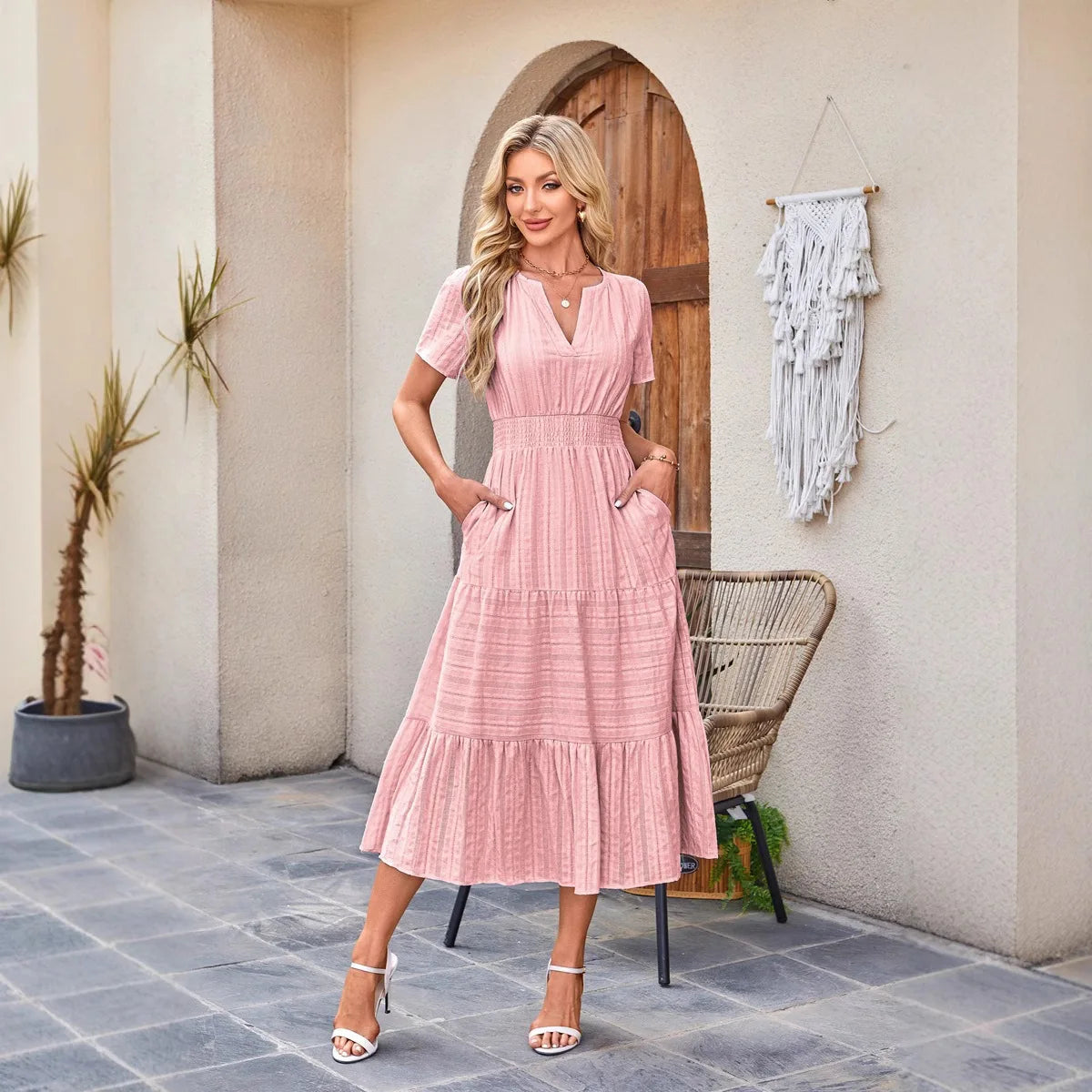 2026 New Dresses Women V Neck Ruched Puff Sleeve Dress Short Sleeve A-Line Flowy Dress Casual Summer Dropshipping