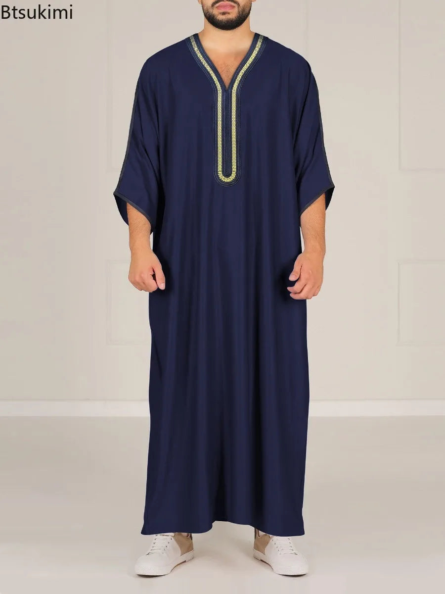 2026 Muslim Men Dress Solid Casual Robe V-neck Loose Kaftan Abayas Ethnic Style Embroidered Prayer Gown Arab Islamic Jubba Thobe