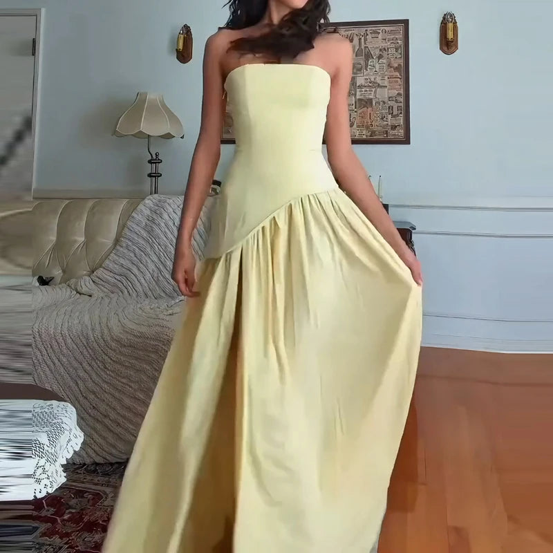 Women's Fashion Draped Solid Gown Dress Sexy Strapless Hight Waist Evening Dress Summer Elegant Sleeveless Backless Long Dress