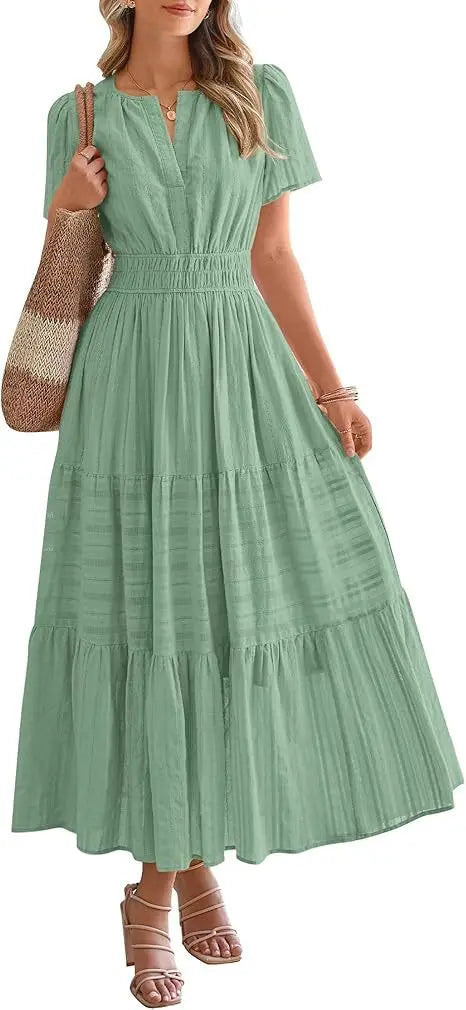 2026 New Dresses Women V Neck Ruched Puff Sleeve Dress Short Sleeve A-Line Flowy Dress Casual Summer Dropshipping