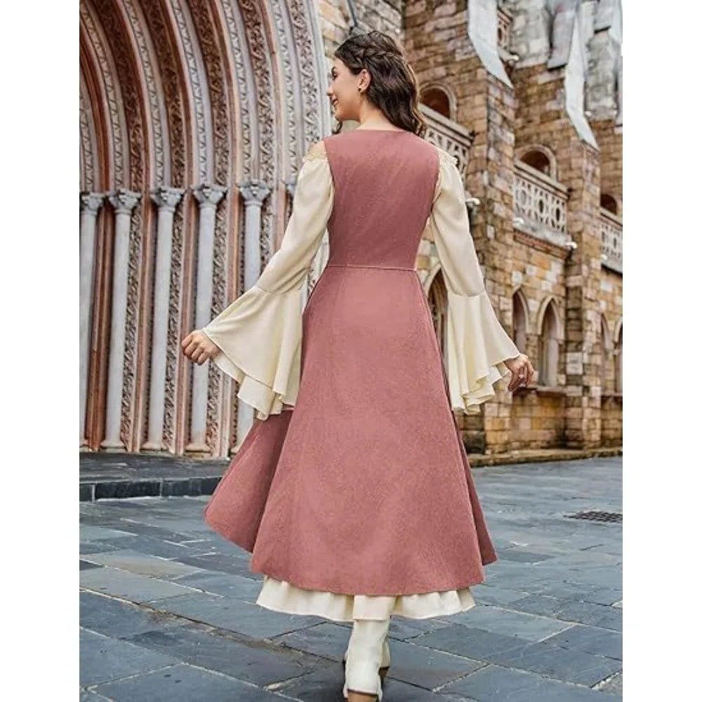 Women's Renaissance Dress with Underbust Corset - High Low Hem Medieval Gown for Cosplay, Festival and Themed Party