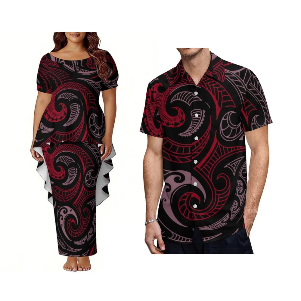Polynesian Dinner Party Couple Outfits - Bubble Sleeve And Tailoring Style Puletasi Ladies' Dress - Casual Style Men'S Shirt
