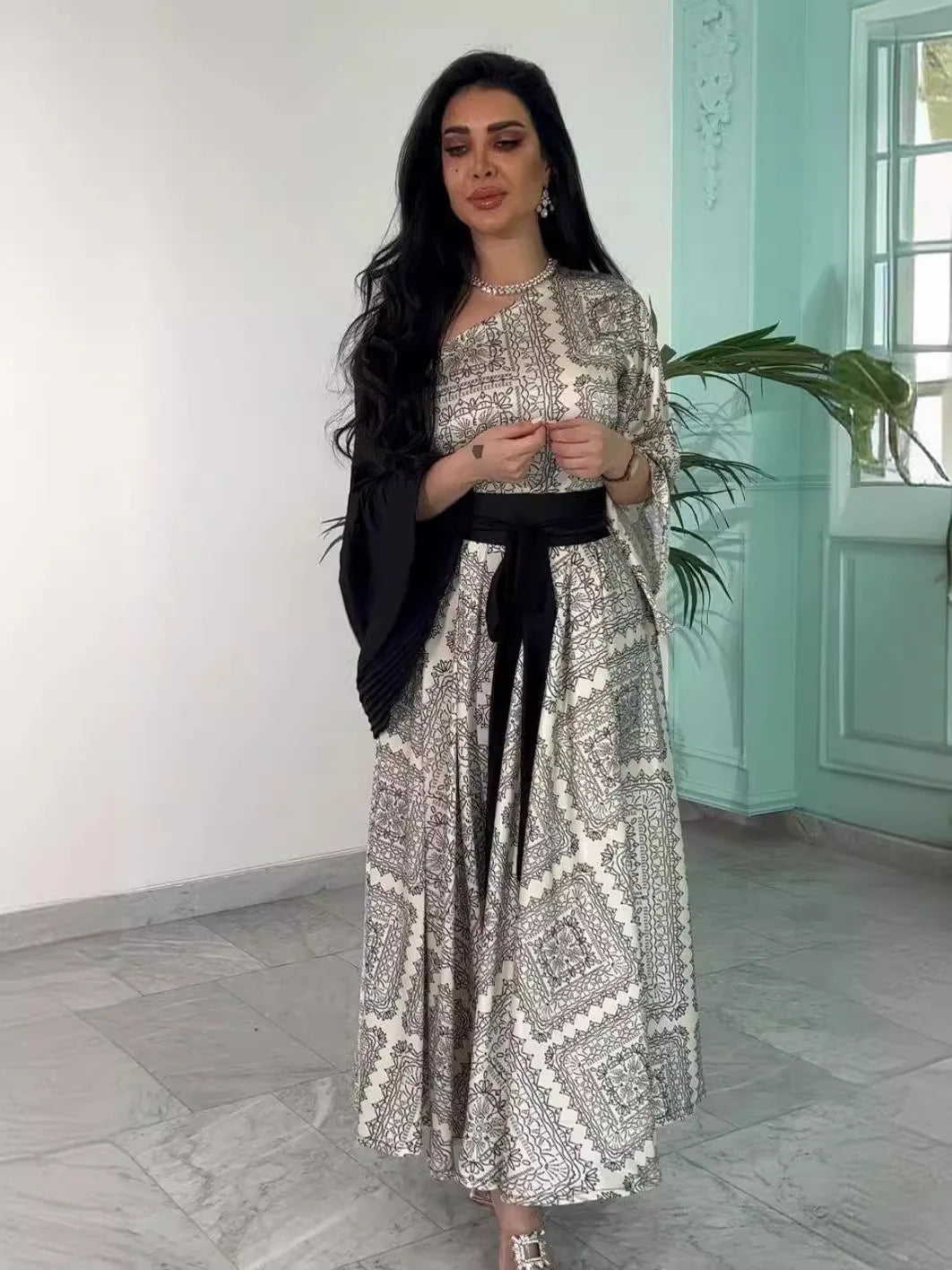 2026 New Women's Fashion Evening Dresses Sexy Printed Pleated Belt Splicing Party Gown Elegant and Noble Maxi Dresses for Women