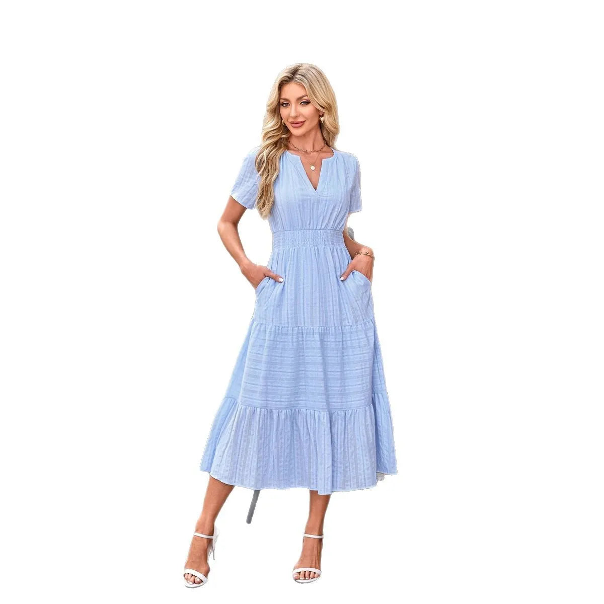 2026 New Dresses Women V Neck Ruched Puff Sleeve Dress Short Sleeve A-Line Flowy Dress Casual Summer Dropshipping