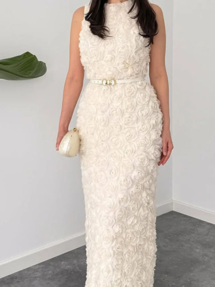 Fashion Hight Waist Solid Gowns Dress Flowers Decoration Ruffled Long Dress Women Elegant O-neck Sleeveless Slim Fit Party Dress